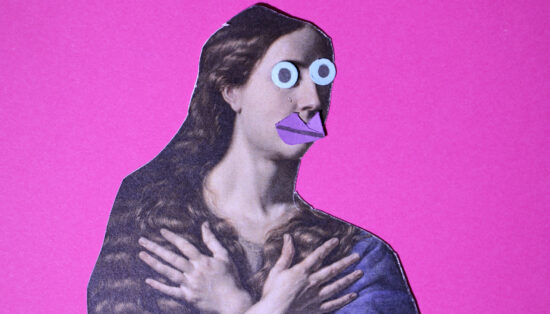 Collage mixant un personnage de peinture classique avec des yeux et une bouche en carton rajoutés