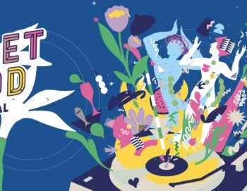 Illustration graphique représentant des personnages et des décorations heureuses sortant d'une platine vinyle .