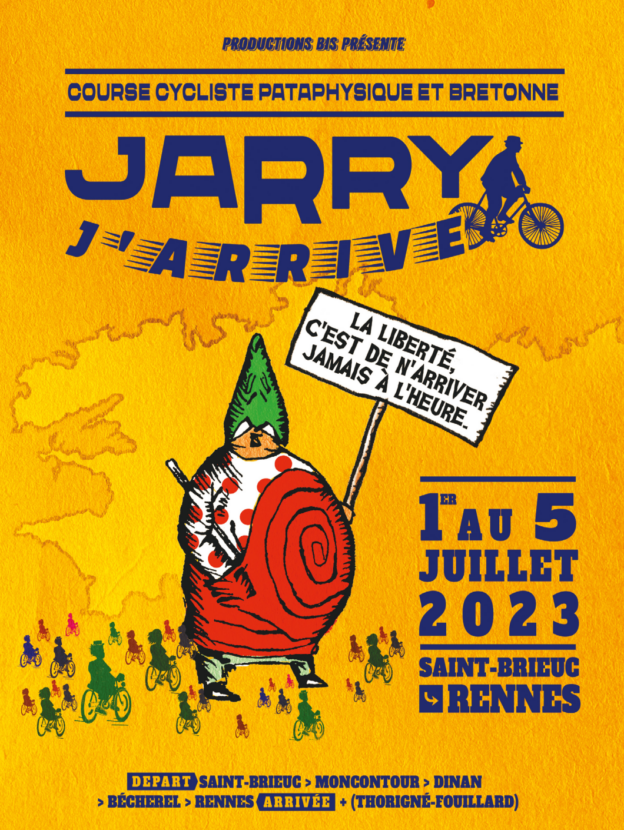Affiche d'une course cycliste avec un dessin d'un homme avec une toge escargot tenant une pancarte qui incite à prendre son temps