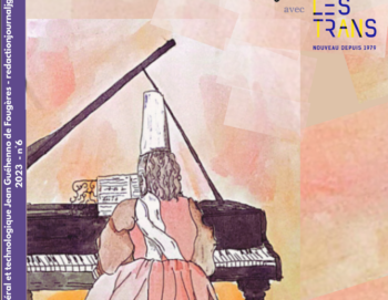 Couverture de magazine avec le dessin d'une pianiste portant une toque haute de dos