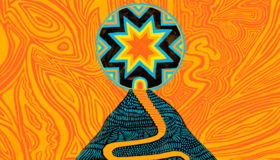 Illustration graphique de style naïf représentant un chemin grimpant dans une montagne et rejoignant une étoile colorée