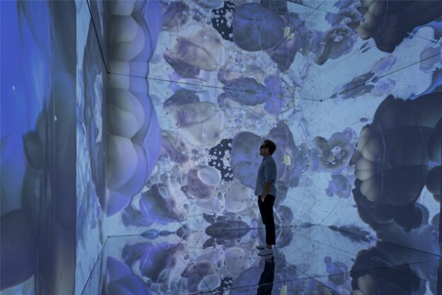 un homme observe le mur d'une salle dans laquelle une image est projetée sur toutes ses surfaces